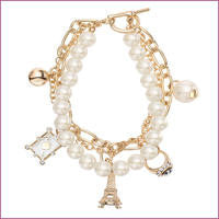14k Gold Plated Simulated Pearl Chain Charm Bracelet