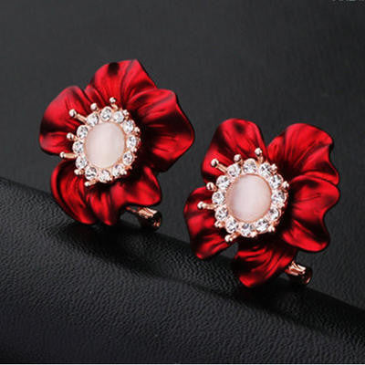 18K Gold Plated Red Opal Flower Earrings