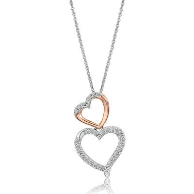 10K Rose And White Gold Diamond Double Heart Pendant (0.15 Cttw, G-H Color, I2-I3 Clarity)