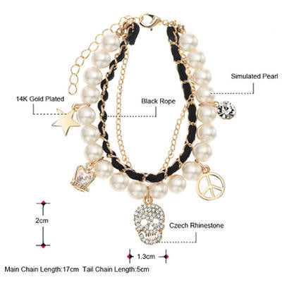 14K Gold Plated Black Rope Charm Bracelet