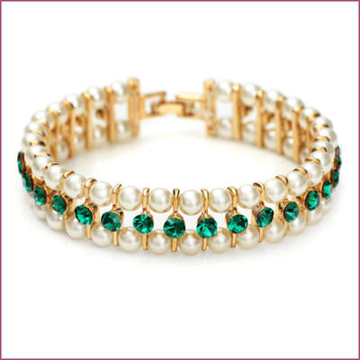 14K Gold Plated Green Czech Rhinestones Simulated Pearl Bracelet