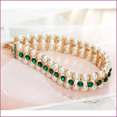 14K Gold Plated Green Czech Rhinestones Simulated Pearl Bracelet