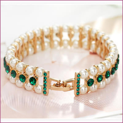 14K Gold Plated Green Czech Rhinestones Simulated Pearl Bracelet