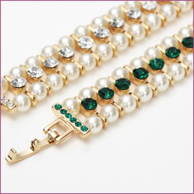 14K Gold Plated Green Czech Rhinestones Simulated Pearl Bracelet