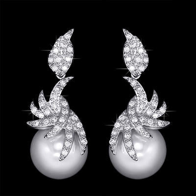 18K White Gold Plated Wing Flower Pearl Earrings