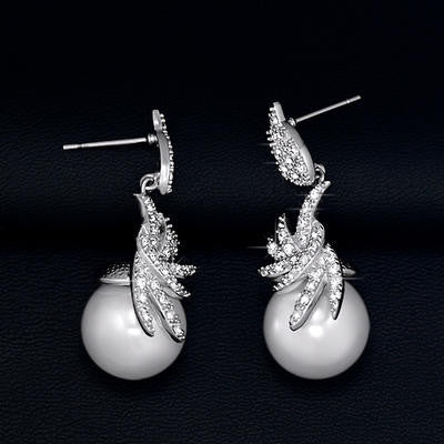 18K White Gold Plated Wing Flower Pearl Earrings