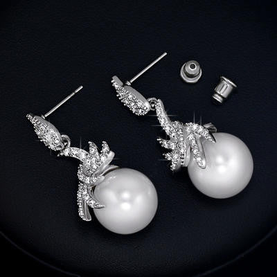18K White Gold Plated Wing Flower Pearl Earrings