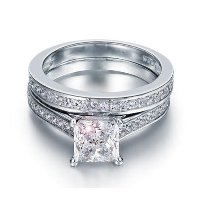 925 Sterling Silver 1.5 Carat Princess Cut Created Diamond Ring Set (1.5 Cttw, G-H Color, I2-I3 Clarity)
